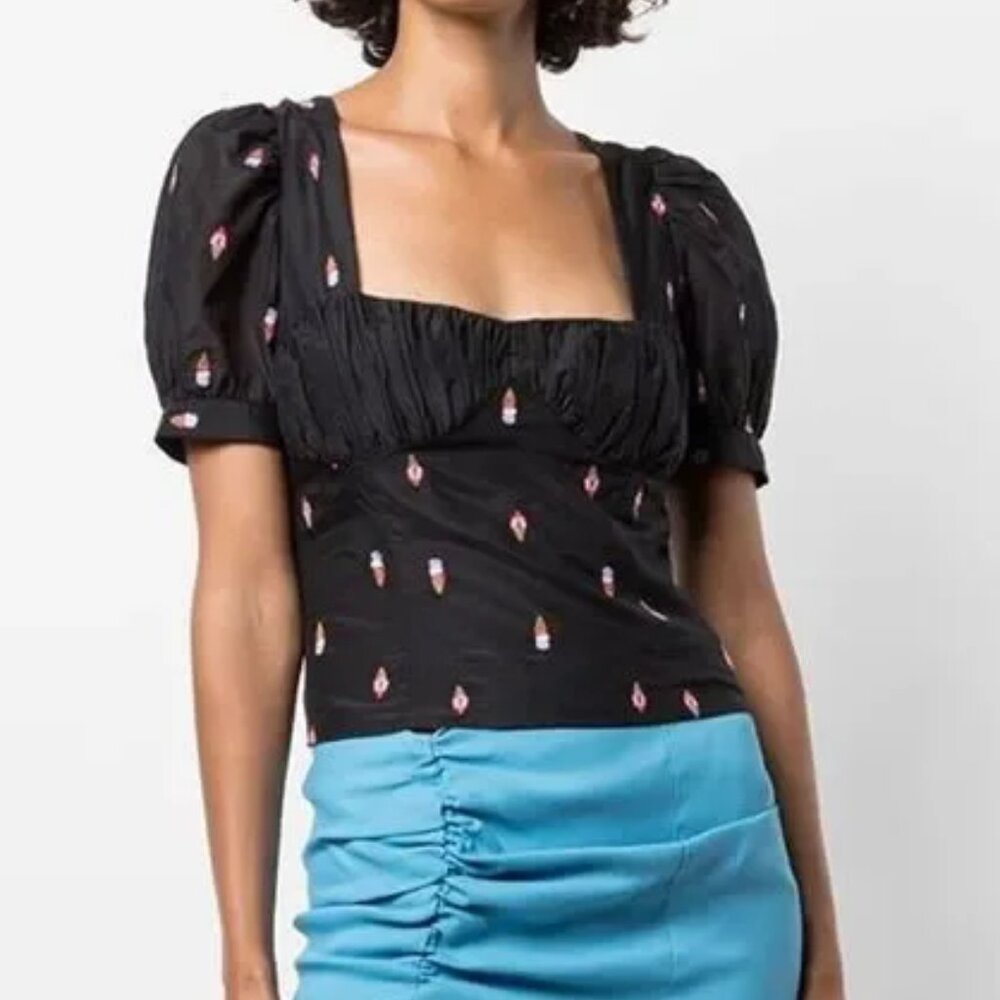 Fleur Du Mal Black Ice Cream Embroidery Bustier Tie Back Blouse Size Large